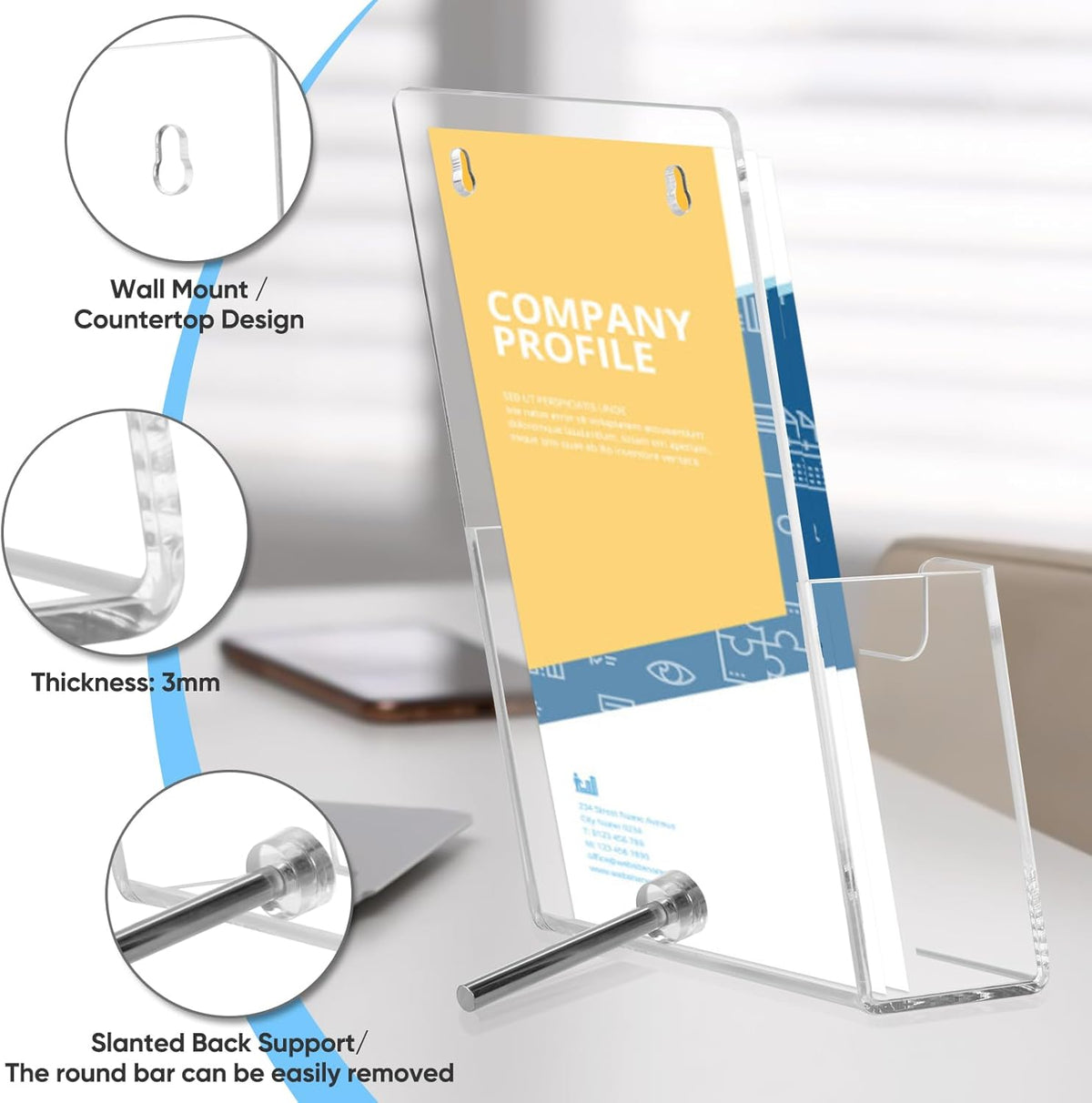 Acrylic Brochure Holder 2 Pack Clear 3 mm Thick Convertible Wall Mount & Desktop Display Stand for Flyers Menus Posters Office Retail Restaurant (2 Pack, 4.3*7.8inch)