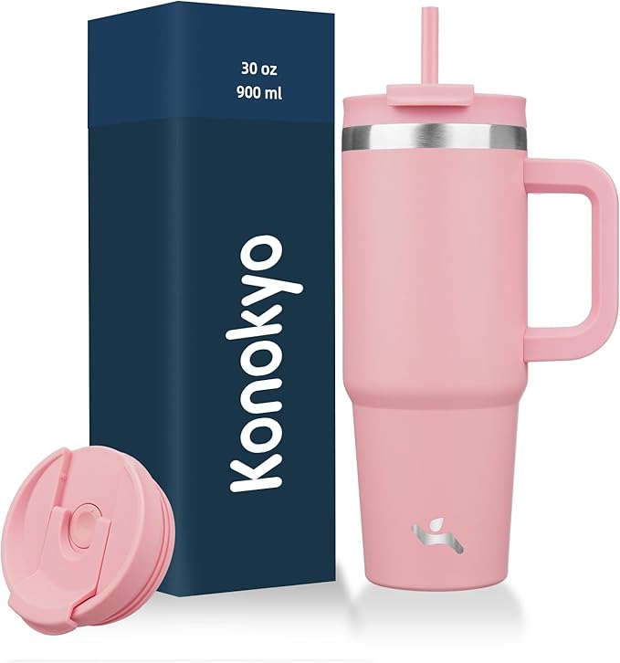 30 oz Tumbler with Handle and 2 Straws, 2 in 1 Lid Insulated Water Bottle