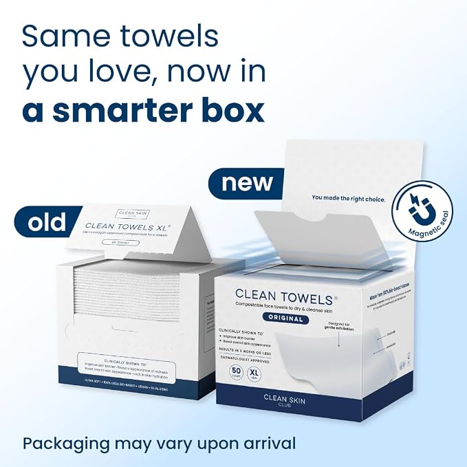 Clean Skin Club Clean Towels XL®, 100% USDA Biobased Face Towel, Disposable