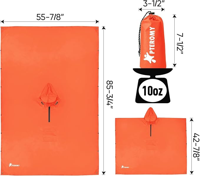 PTEROMY Hooded Rain Poncho for Adult