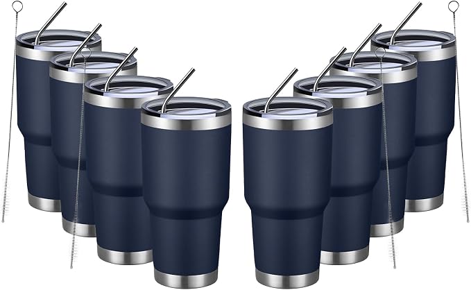 MEWAY 30oz Insulated Tumbler With Lids and Straws,Stainless Steel Double Vacuum Coffee Tumbler Cup, Brush, Durable Powder Coated Coffee Cup for Cold & Hot Drinks(Navy,8 PACK)