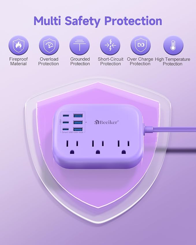 6 USB Purple Travel Power Strip- 5Ft Purple Extension Cord