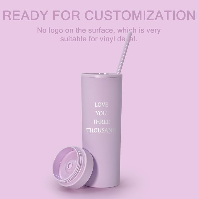 sweet grain Skinny Tumblers with Lids and Straws(6 Pack) - 16oz Matte Pastel Colored Skinny Acrylic Tumblers, Double Wall Plastic Tall Skinny Tumblers Bulk for Cold Hot Drinks - Purple