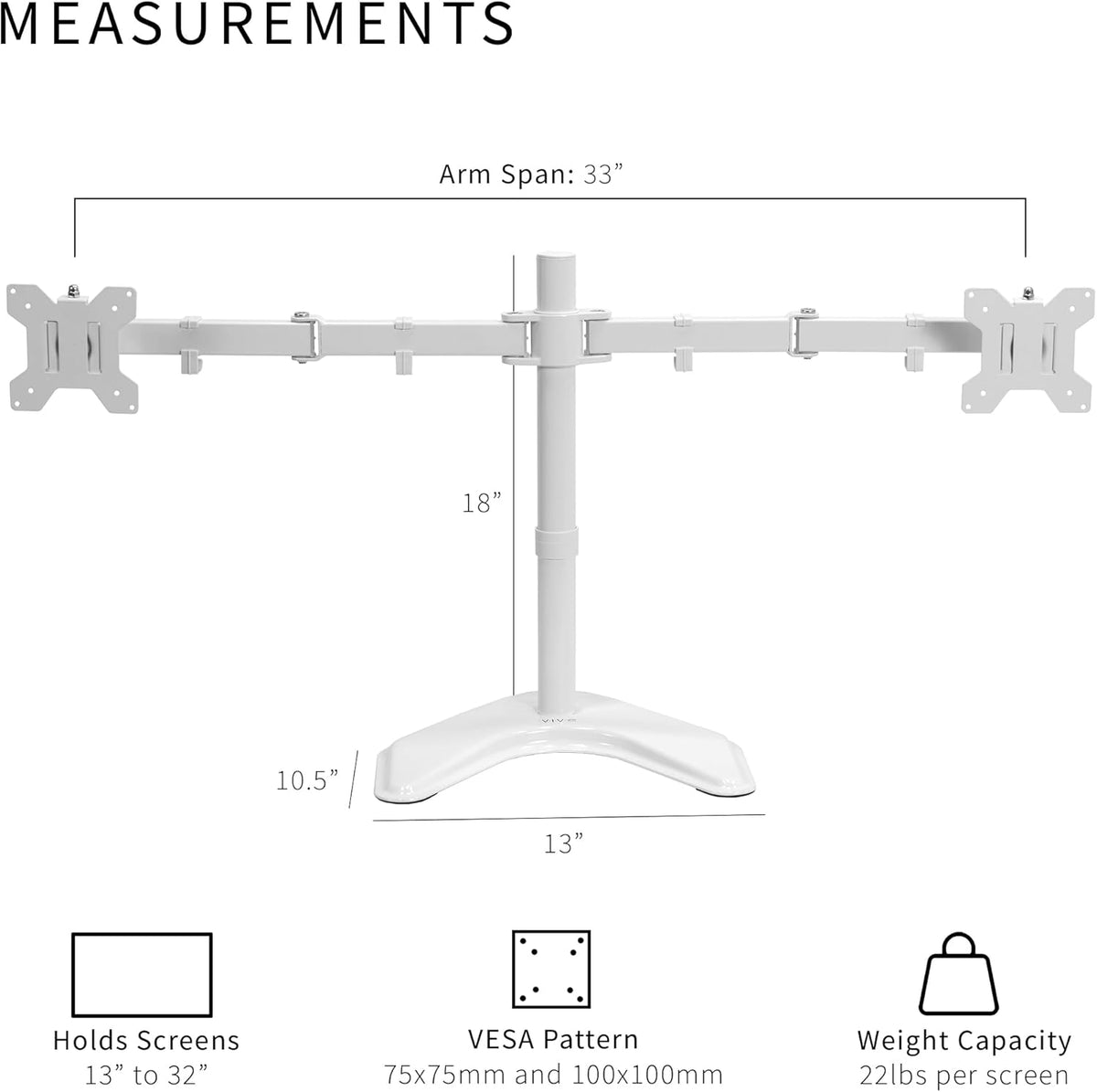 VIVO Dual LED LCD Monitor Mount, Free-Standing Desk Stand for 2 Screens up to 32 Inch, Heavy-Duty Fully Adjustable Arms with Max VESA 100x100mm, White, STAND-V032FW