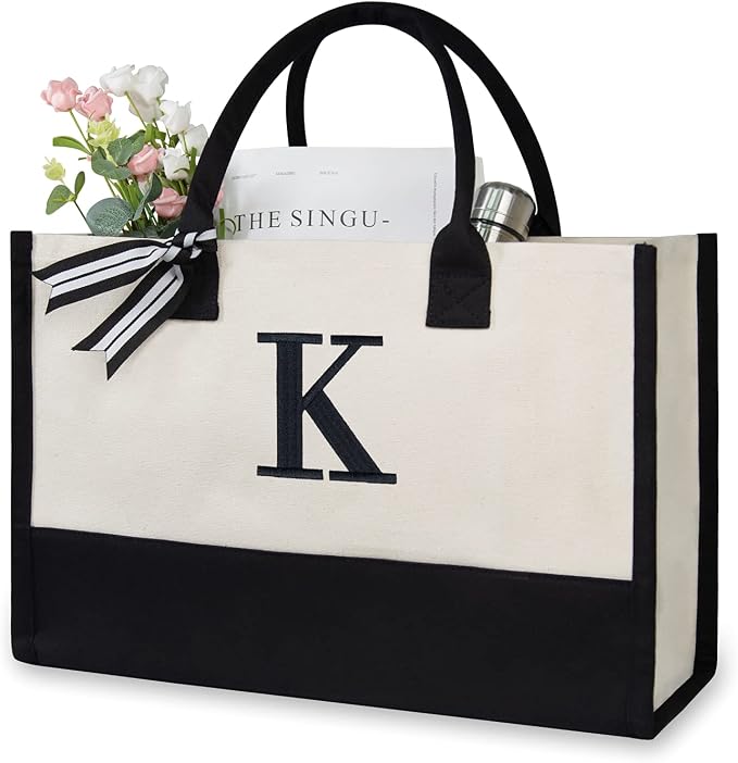 TOPDesign Embroidery Initial Canvas Tote Bag, Personalized Present Suitable