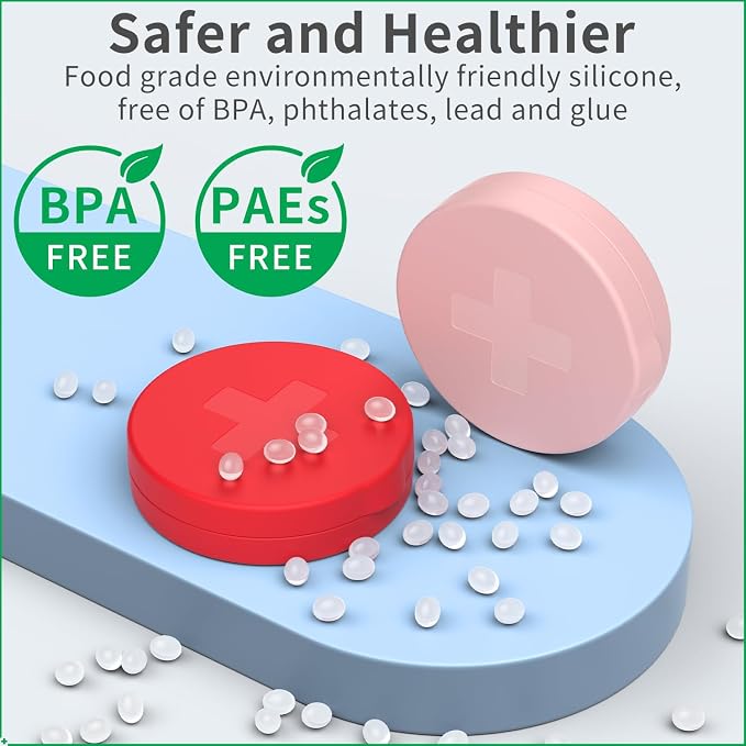2 Pack Small Pill Box, 3 Compartment Round Silicone Travel Pill Box