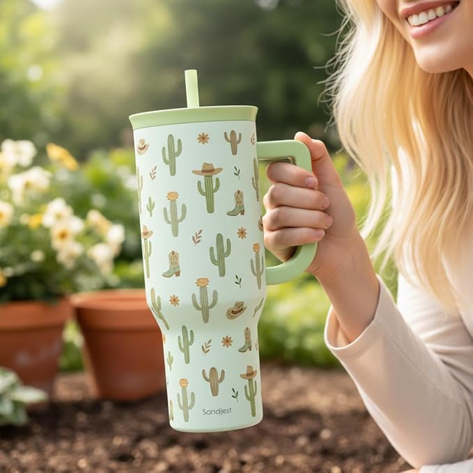 SANDJEST Cactus 40oz Tumbler with Handle and Straw, Insulated Stainless Steel Travel Coffee Mug for Women Girls, Gift Idea for Birthday Christmas Mothers Day