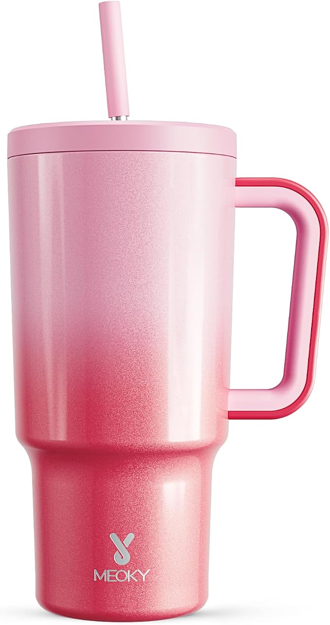 Meoky 30 oz Tumbler with Handle, Tumbler with Lid and Straw, Insulated Stainless Steel Travel Mug, 100% Leak-proof, Cupholder Friendly, Keeps Cold for 24 Hours or Hot for 8 Hours (Flamingo)