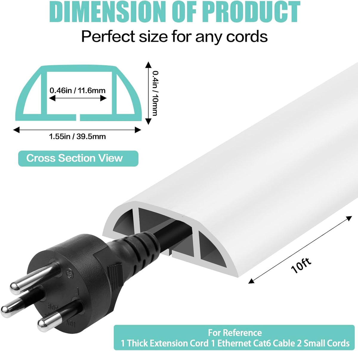 Floor Cord Cover Self Adhesive Cord Hider,10FT Cable Management, Extension Strip Protector for Wires, Prevent Cable Trips for Offices, Gyms, Exhibitions Cavity:0.51"(W) x 0.3"(H) White