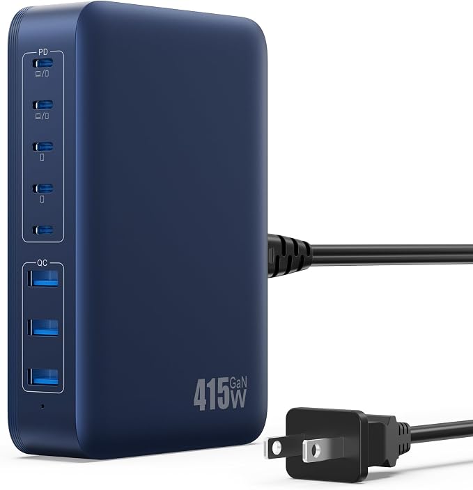 USB C Charger 415W USB C Charger Block, 8-Ports GaN IV Fast Charging Station Hub