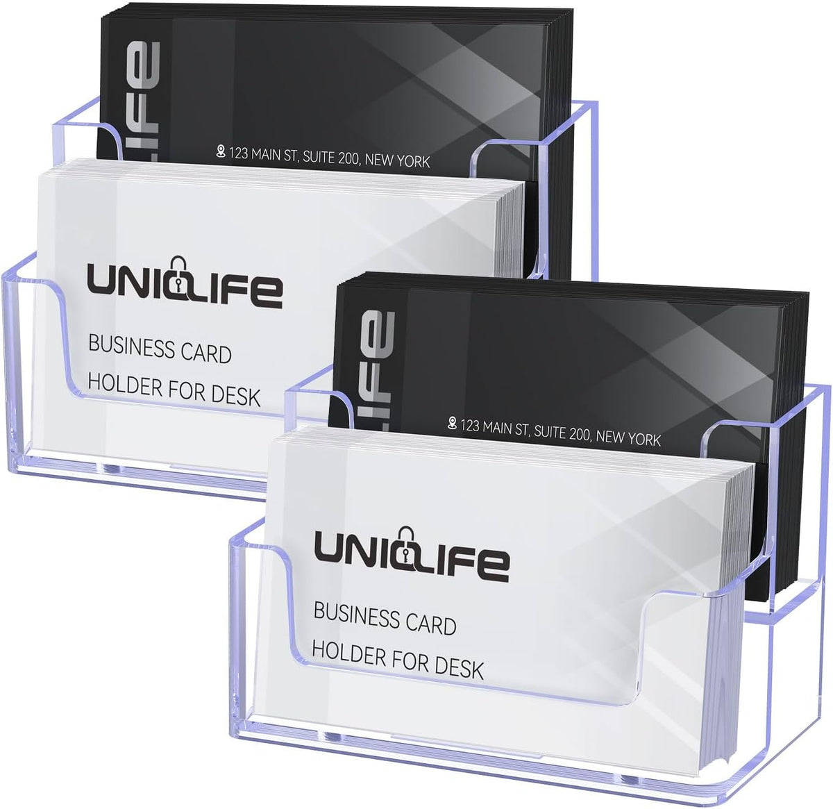 Uniclife 2 Pack Acrylic Business Card Holder for Desk 2 Slots Clear Business Card Display Stand for Men & Women Desktop Business Card Organizer Card Stand for Office Home Exhibition, 120 Card Capacity