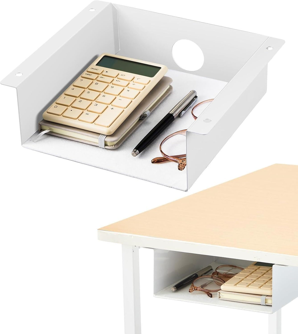 2 Pack Under Desk Storage Shelf, Carbon Steel Tray with Mute Felt Sheets, Mount Shelves Organizer for Office Home Workstation Gaming Desk Stand up (7.5x8x2.8 In/Storage Shelf,White)