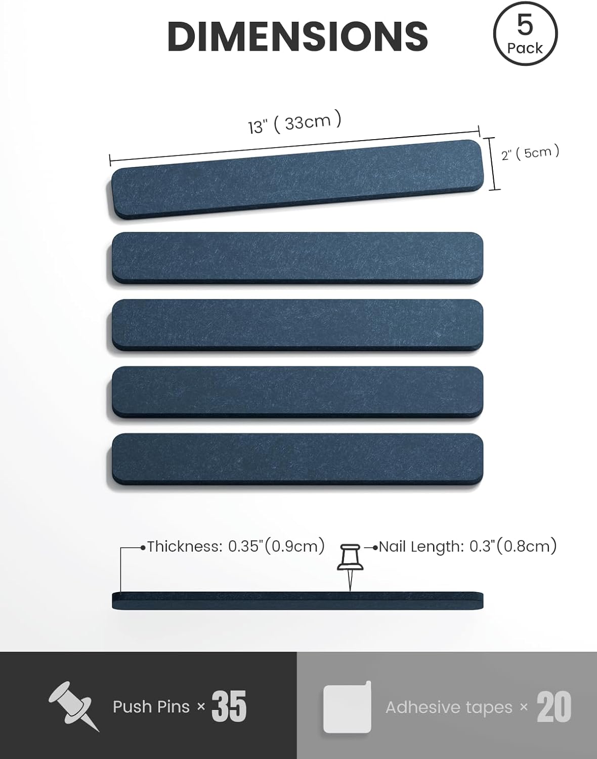 Cork Board Alternative Felt Strip Board 5-Pack 13"x2", Office Pin Board with 35 Push Pins, Adhesive Install for Bedroom Door & Home Office(Denim Blue)
