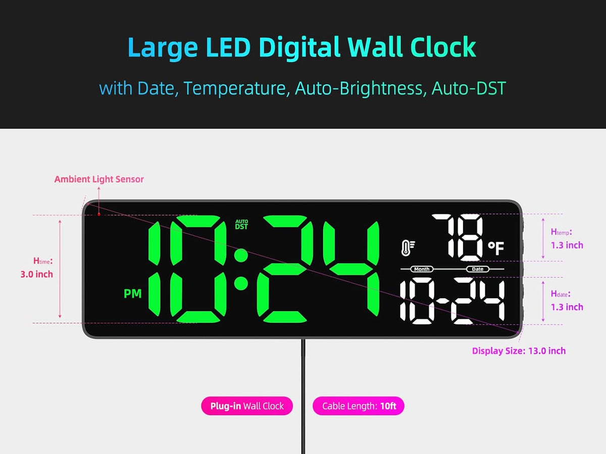 Large LED Digital Wall Clock with Date, Temperature, Auto-Brightness, Auto-DST | Big Digital Clock for Bedroom, Desk, Classroom, Living Room, Kitchen, Office, Gym, Farmhouse, Xmas Gift for Seniors