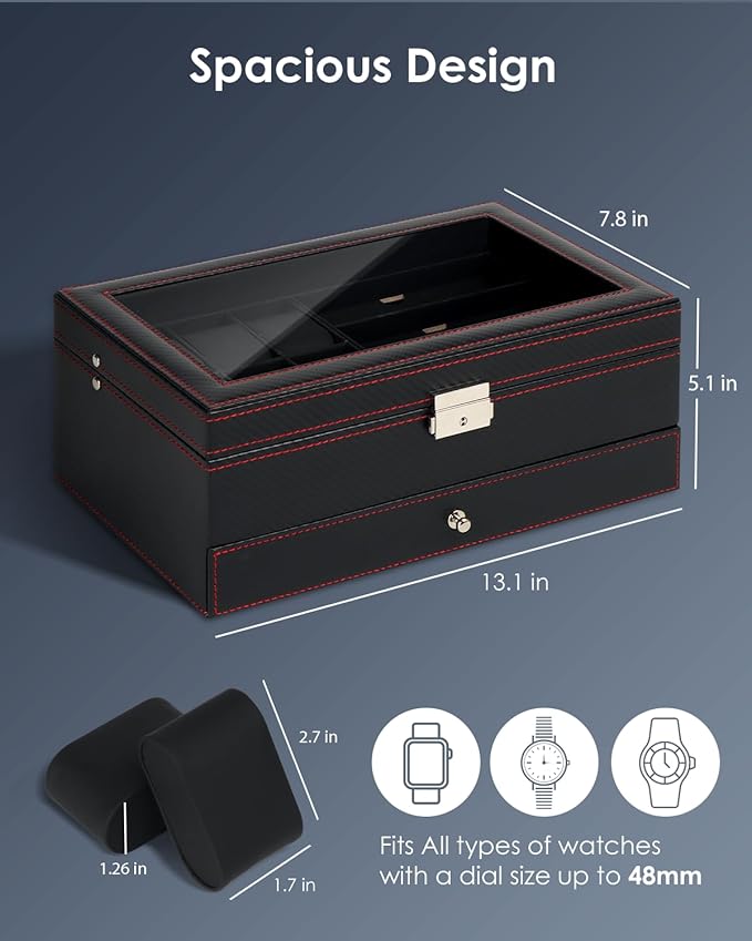 Watch Jewelry Box Organizer, 6-Slot 2-Layer Watch Case and Sunglasses Storage