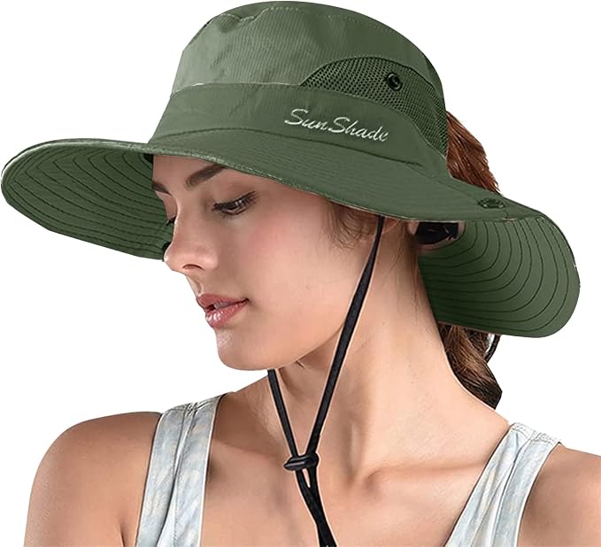 ZOORON Women's Ponytail Safari Sun Hat, Wide Brim UV Protection Outdoor Bucket