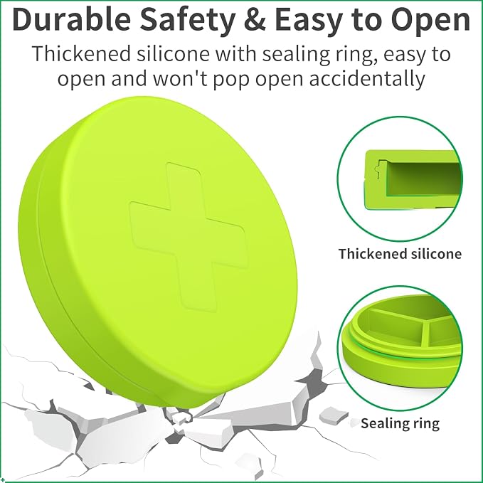 2 Pack Small Pill Box, 3 Compartment Round Silicone Travel Pill Box