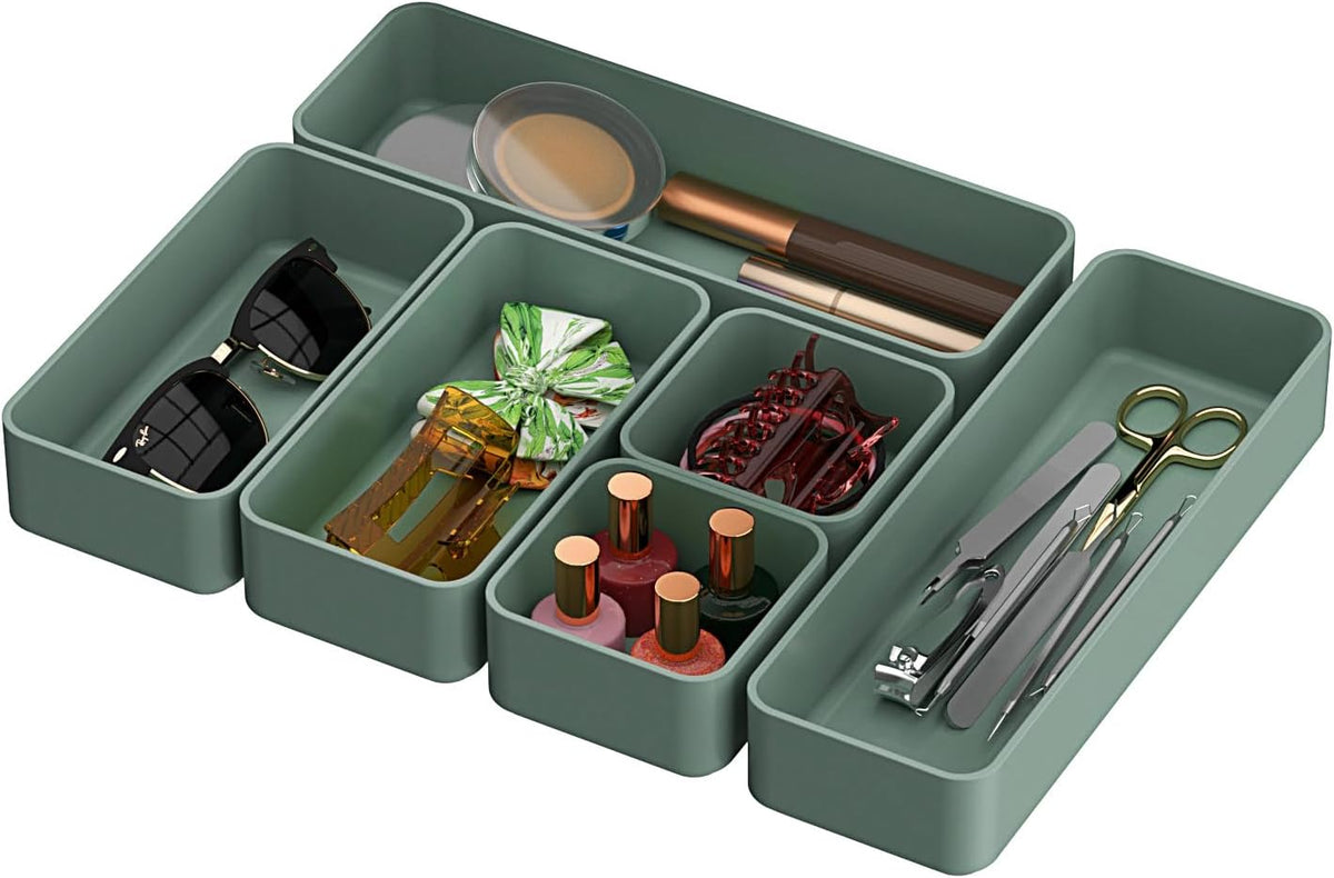 CHANCETSUI 6 PCS Stackable Drawer Organizers Set, Versatile Desk and Vanity Drawer Organizer Trays, Storage Bins for Makeup, Bathroom, Bedroom, Kitchen and Office, Green