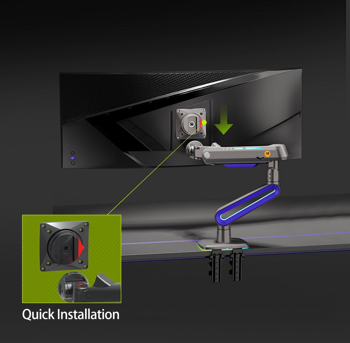 Designer Gaming Monitor Arm for 32 to 60 Inches Screen, Load up to 20 kg, VESA 75/100, RGB-Light, Heavy Duty, Multi Angle Adjustable, Premium Aluminum, Long Arm Extension Purple Blue