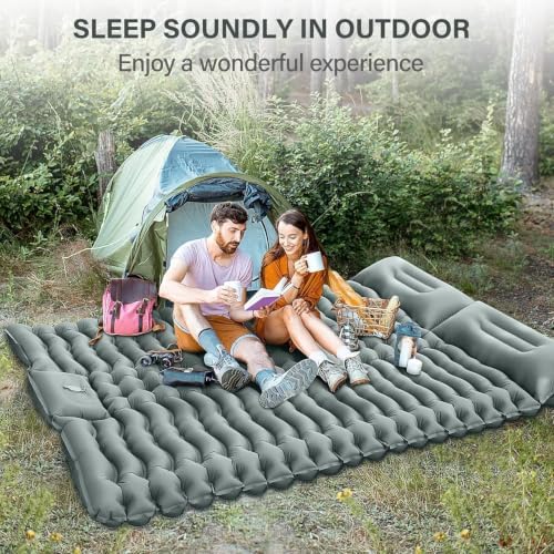 Yuzonc Double Camping Sleeping Pad – 4" Ultra-Thick Foot-Pump Design, Lightweight 2-Person Inflatable Sleeping Mat with Pillow for Backpacking, Hiking, Travel, Tent – Gray