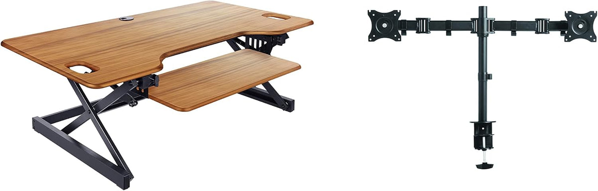Rocelco 46" Large Height Adjustable Standing Desk Converter with Double Monitor Mount BUNDLE - Sit Stand Up Computer Workstation Riser - Retractable Keyboard Tray - Teak Wood Grain (R DADRT-46-DM2)