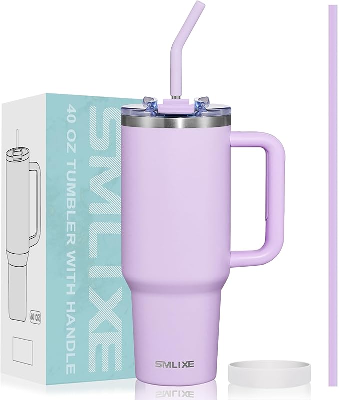 40 oz Tumbler with Handle and Straw Lid,Insulated Reusable Stainless Steel Water Bottle Travel Mug，Cupholder Friendly Double Wall Vacuum Sealed Cup (Lavender Purple)