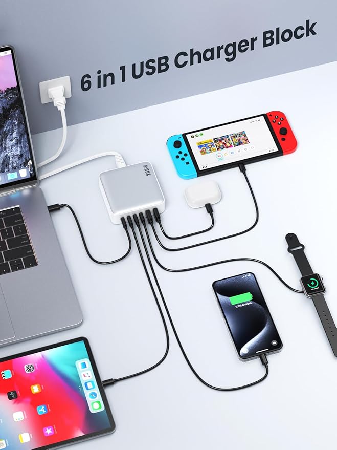 USB C Charger Block 200W GaN III 6 Port Fast Charging Station Hub, PD 65W USB C