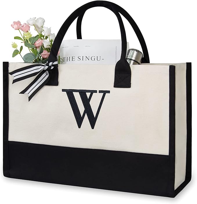 TOPDesign Embroidery Initial Canvas Tote Bag, Personalized Present Bag
