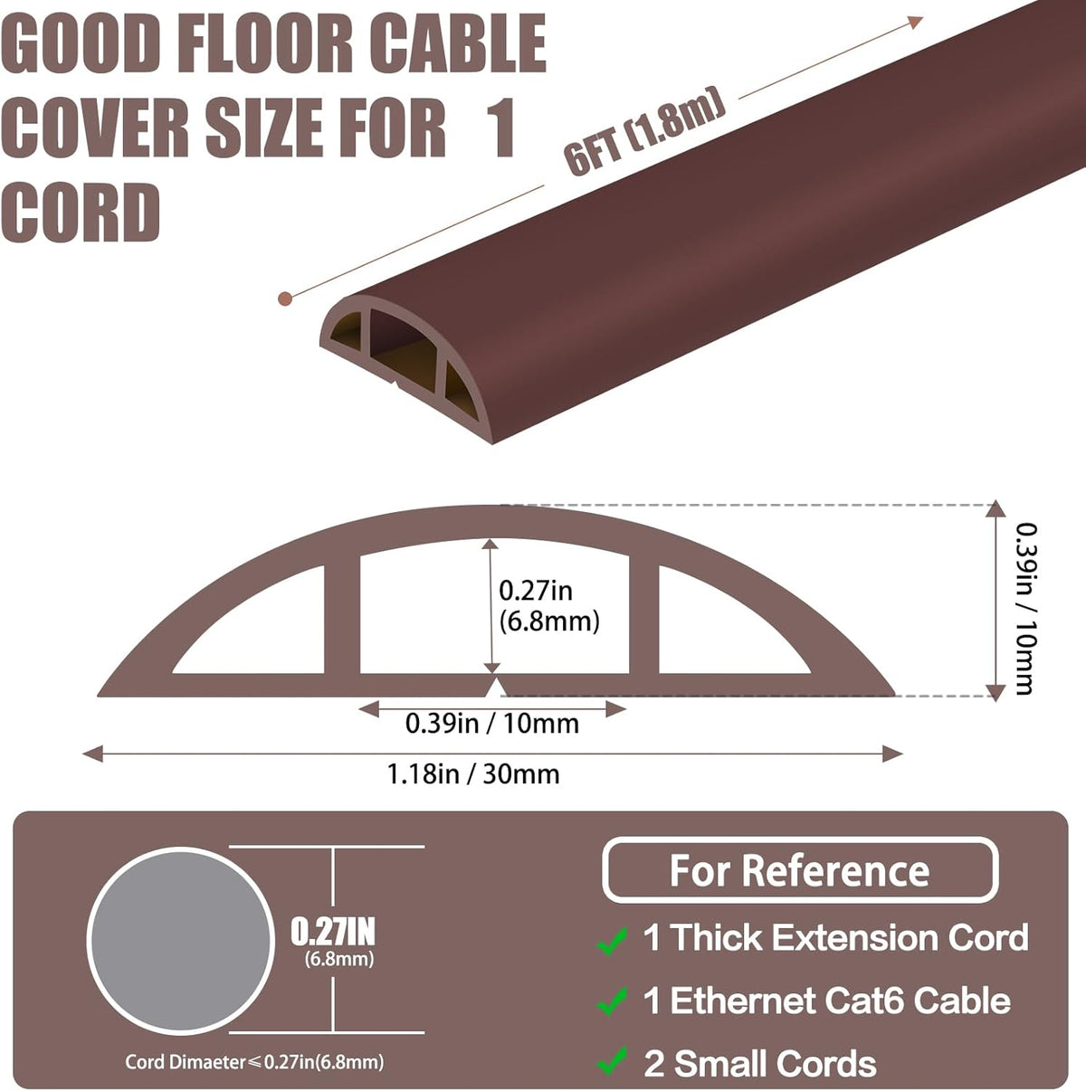 Floor Cord Covers for Wires 6FT Cable Hider Wire Cover Self Adhesive Cord Hider Floor for Offices, Homes, Workshops, Warehouses Cable Cavity 0.39" W x 0.27" H