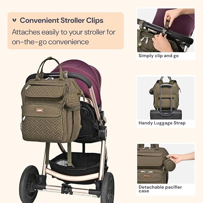 BabbleRoo Diaper Bag Backpack, Stroller Straps & Pacifier Case, Unisex Stylish