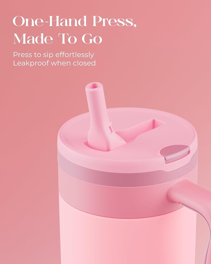 40 oz Insulated Tumbler with Handle and Push-Button Straw Lid, Stainless Steel Travel Cup for Gym Office, Leakproof, BPA-Free, Cup Holder Friendly, Bow Silicone Boot, Pink (Rose Quartz)