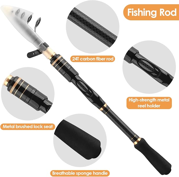 mouhike Carbon Fiber Telescopic Fishing Rod Reel Combo Lightweight Collapsible
