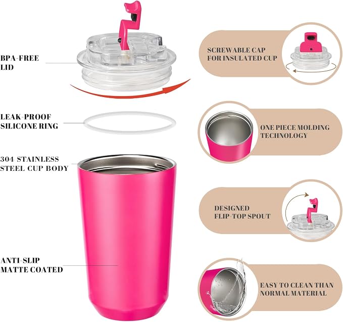 Puraville Insulated Tumblers with Lid, 14 oz Travel Coffee Mug Stainless Steel Vacuum Cup, Leak Proof Reusable Double Walled Coffee Tumbler for Iced and Hot Drinks, Fuchsia