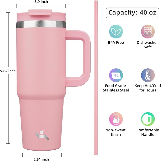 40 oz Tumbler with Handle and 2 Straws, 2 in 1 Lid Insulated Water Bottle