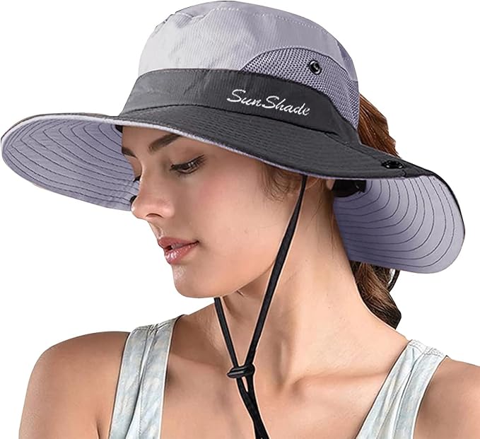 ZOORON Women's Ponytail Safari Sun Hat, Wide Brim UV Protection Outdoor Bucket