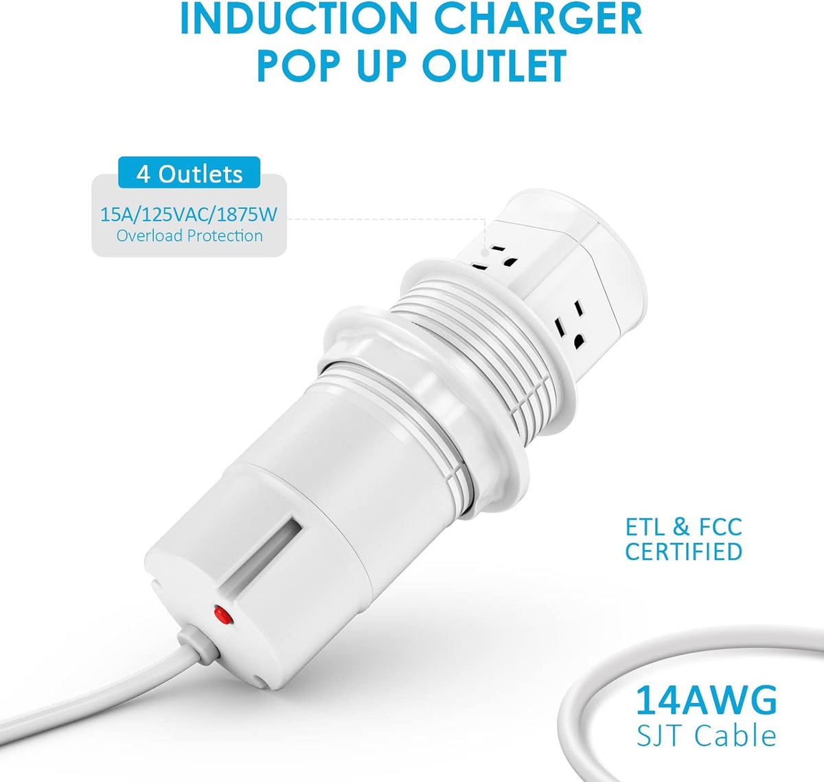 Jgstkcity Pop Up Outlet for Countertop, Flush Mount Tamper Resistant Space Saver Recessed 1875W Grommet,4 Outlets,15Amp Receptacle,ETL Listed,3.15inch Hole,White