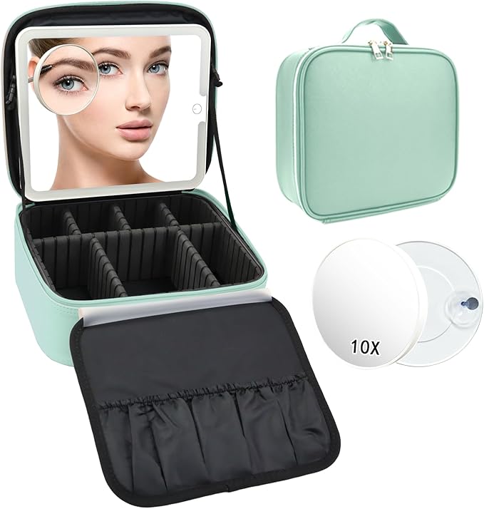 Travel Makeup Bag with LED Mirror and 10x magnifying glass with 3 Lighted