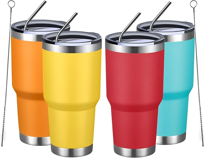 MEWAY 30oz Insulated Tumbler With Lids and Straws,Stainless Steel Double Vacuum Coffee Tumbler Cup, Brush, Durable Powder Coated Coffee Cup for Cold & Hot Drinks, Office, Travel(mixture,4 PACK)