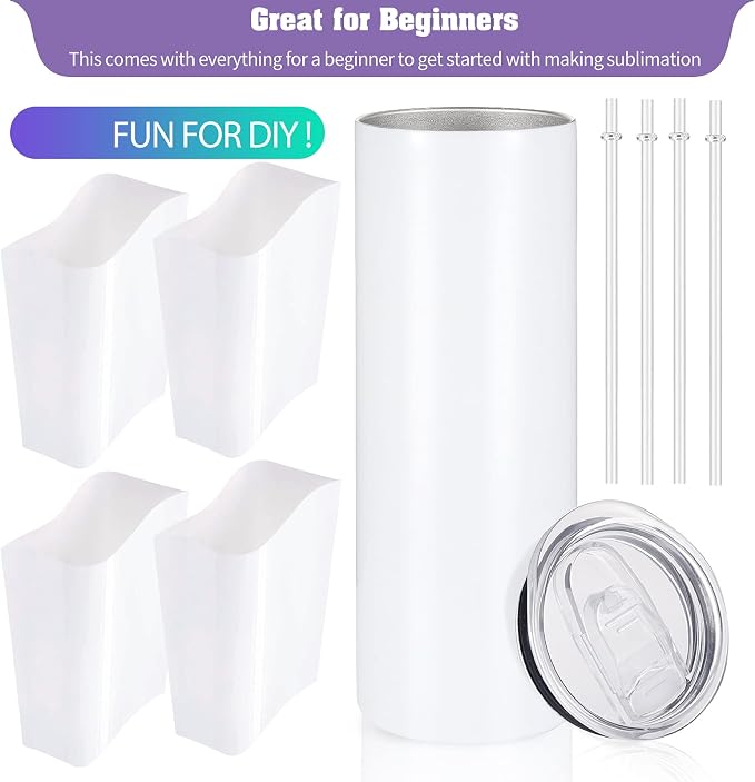 YOUKE OLA 12 Pack Straight Skinny Sublimation Tumblers 20oz for Heat Transfer, Bulk Sublimation Blanks Individually Boxed, Double Wall Insulated Tumbler with Shrink Films & Heat Tape, White (12)