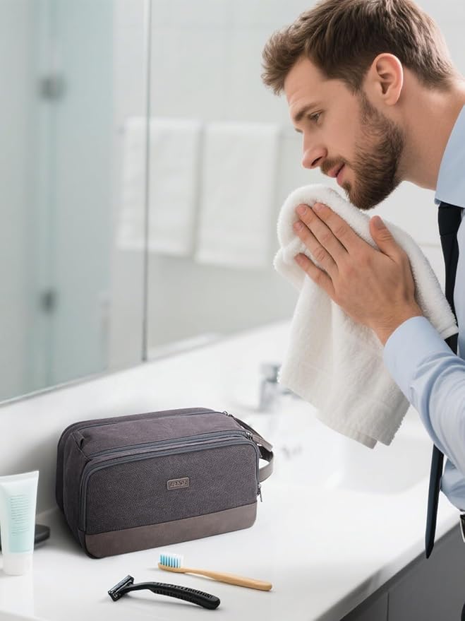 WANDF Toiletry Bag for Men Travel Toiletry Organizer Canvas and Leather Dopp