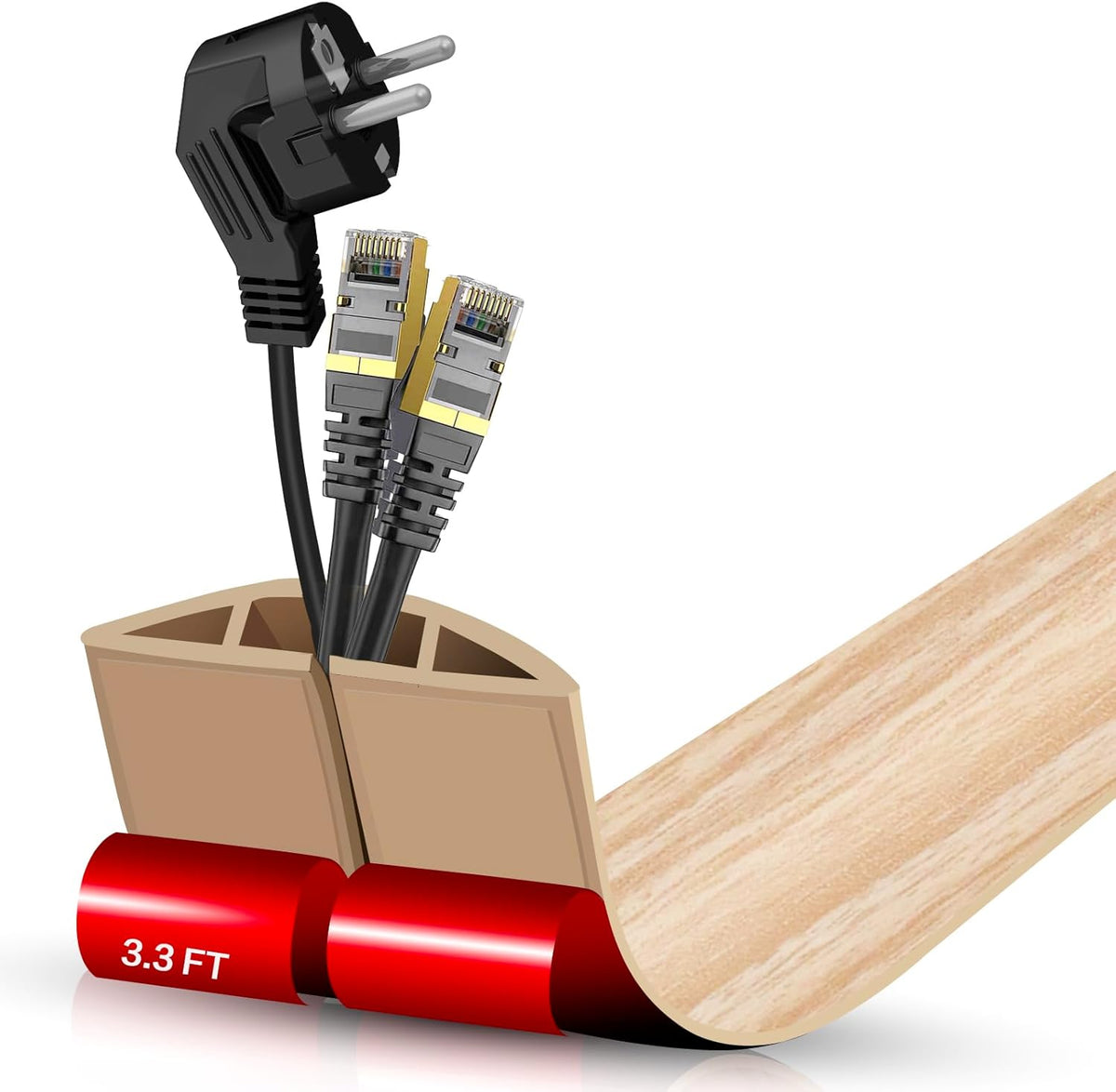 Floor Cord Cover Self Adhesive Cord Hider,3.3FT Cable Management, Extension Strip Protector for Wires, Prevent Cable Trips for Offices, Gyms, Exhibitions Cavity:0.51"(W) x0.3(H) WoodLightyellow