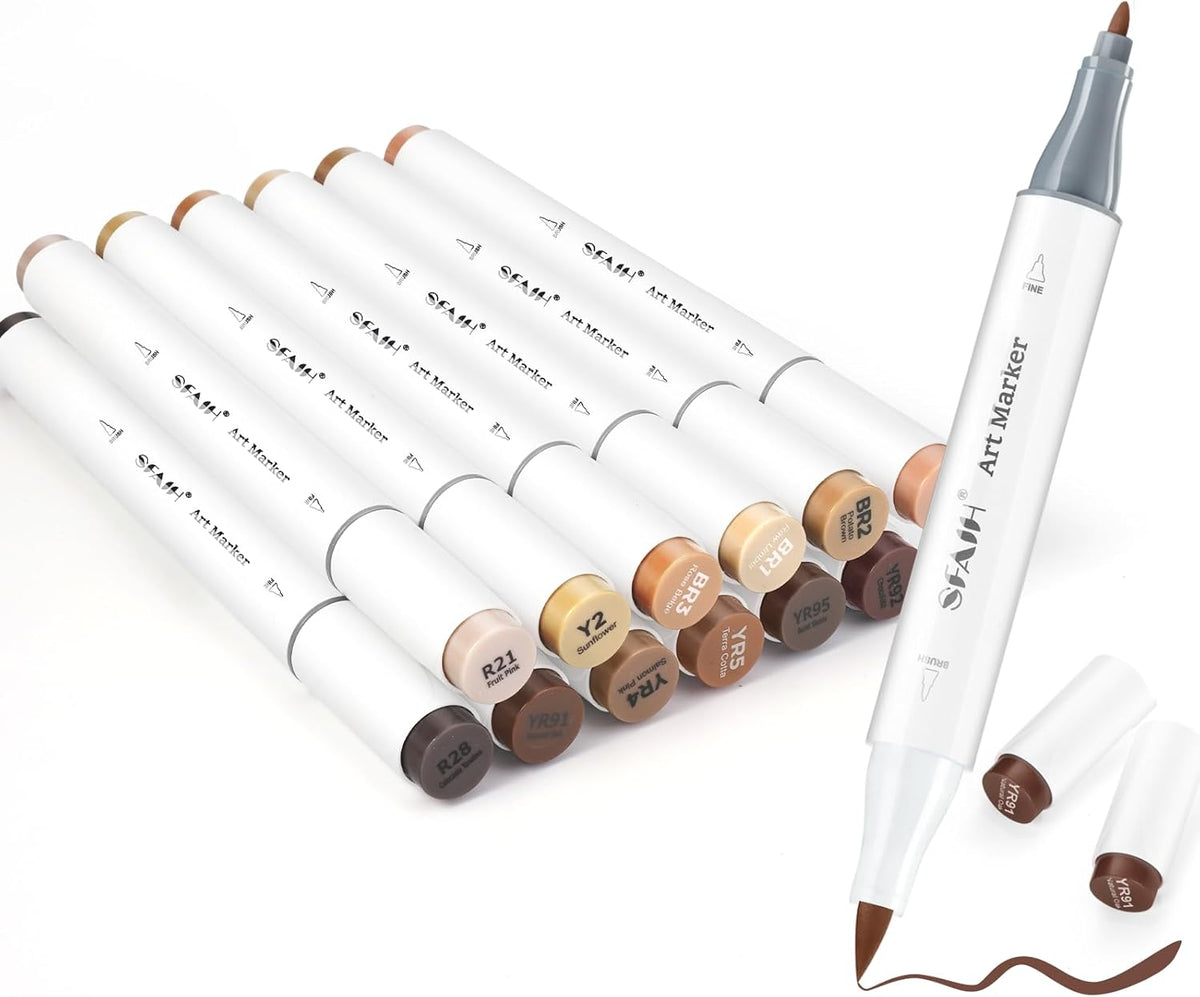SFAIH Skin Tone Alcohol Markers Brush Tip - 12 Dark Skin Colors Double Tipped Art Markers for Artist Adult Coloring Illustration, Gifts for Artist Adult, Dual Tip Brush & Fine - Refillable Ink