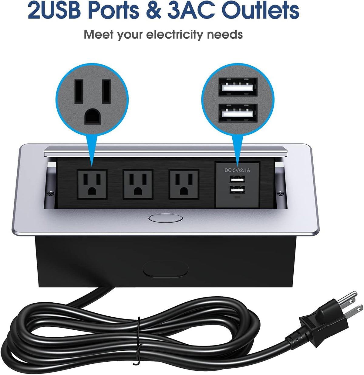 KYHSHJ Connection Box Desktop Pop Up Outlet with 2 USB Ports & 3 Outlets (Silver)
