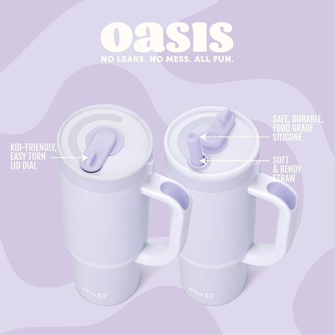 Ello Oasis 14oz Stainless Steel Toddler Tumbler with Handle & Retracting Straw, 100% Leakproof, Double-Wall Vacuum Insulated, Kids Water Bottle for School, BPA Free, Dishwasher Safe, Purple Swirl