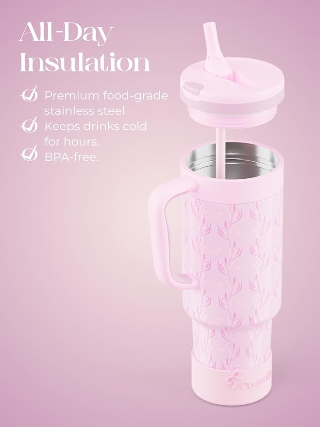 40 oz Insulated Tumbler with Handle and Push-Button Straw Lid, Stainless Steel Travel Cup for Gym Office, Leakproof, BPA-Free, Cup Holder Friendly, Bow Silicone Boot, Purple (Tulip Lilac)