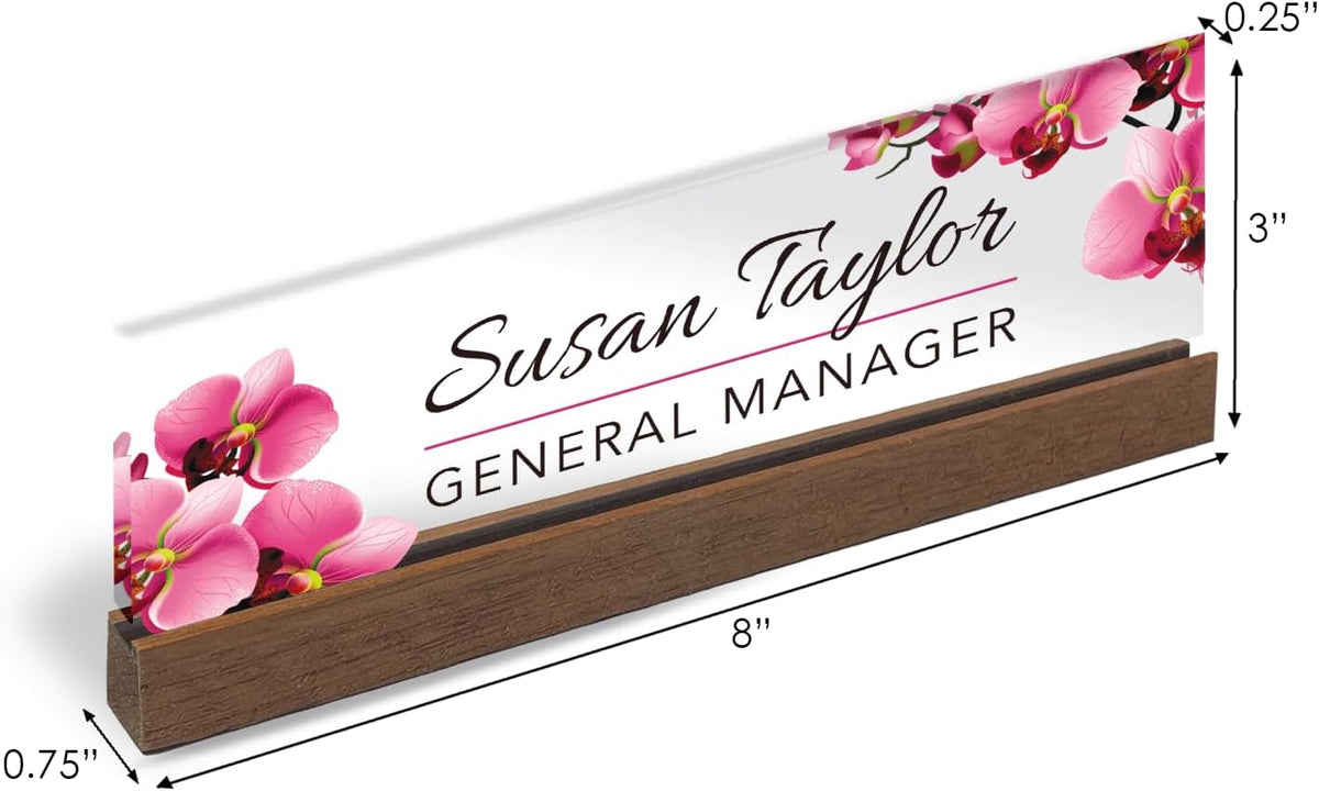 Artblox Office Personalized Name Plate for Desk with Business Card Holder On Clear Acrylic Glass Orchids Flowers Design Custom Desk Name Plate with Your Name and Credentials Customized Gift