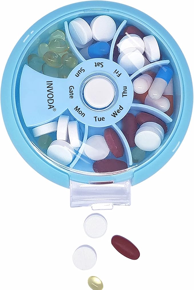 INVODA Weekly Pill Organizer 7 Compartment Rotating Pill Box