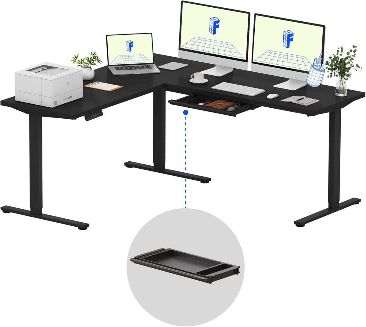 FLEXISPOT L Shaped Standing Desk, 71 x 63 Inch Electric Height Adjustable Corner Desk, Sit Stand Computer Workstation, Preset Controller, Home Office, Black Frame with Black Top, Black Drawer