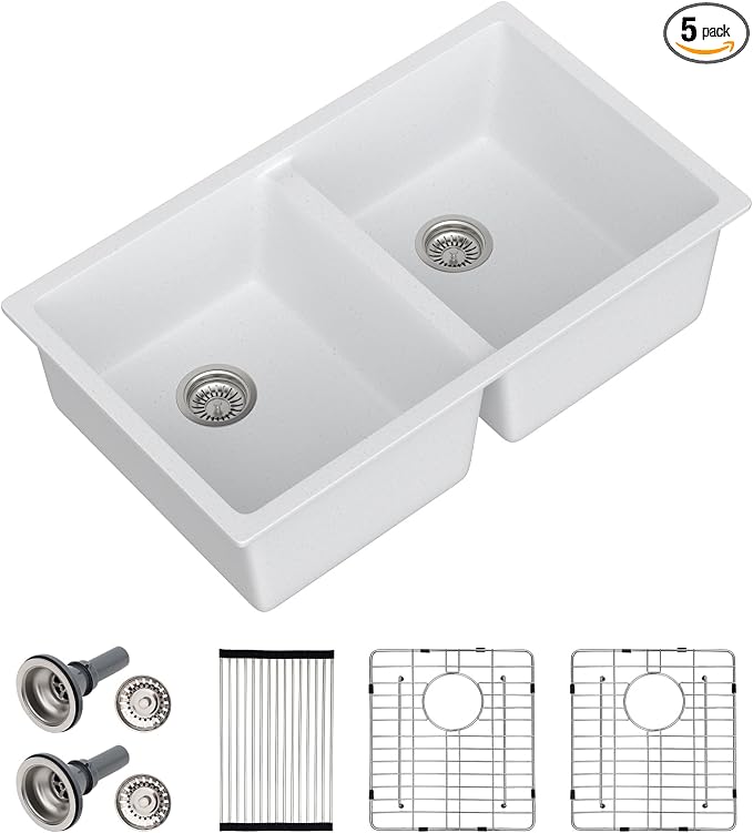 Dcolora 33 Inch Double Bowl Undermount Kitchen Sink White Deep Double Basin