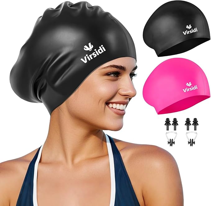 2 Pack Swim Cap for Women Men Adult, Silicone Swimming Caps for Short Long Hair, Waterproof Swim Hats Bathing Caps to Keep Hair Dry with Nose Clip and Earplugs